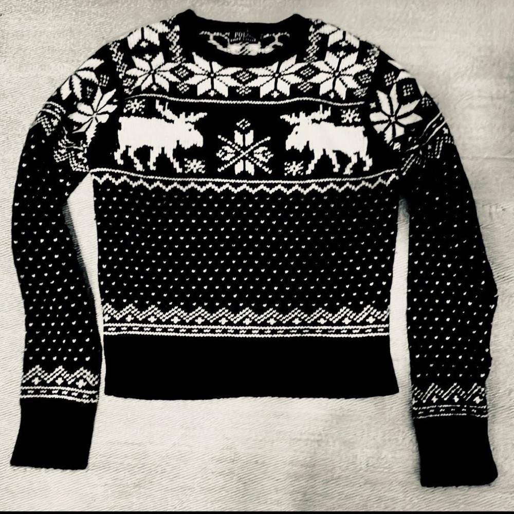Polo Ralph Lauren Black and White Moose Pattern Wool Sweater